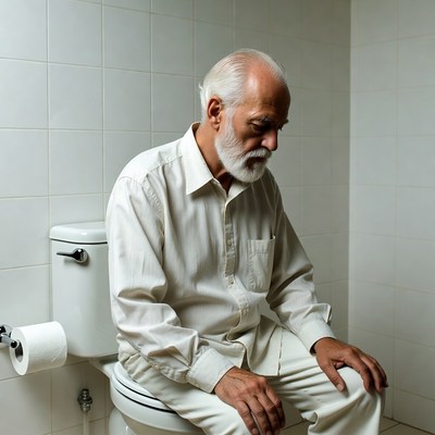 Elderly man sitting on toilet