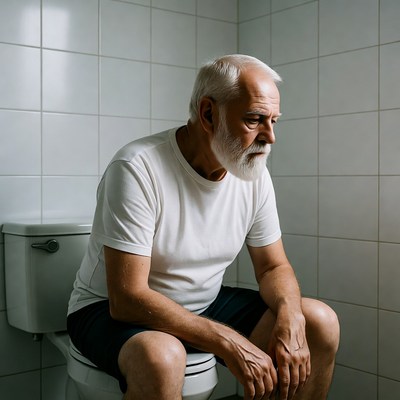 Elderly man sitting on toilet