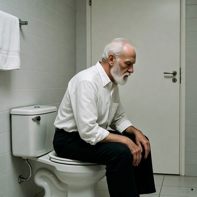 Elderly man sitting on toilet