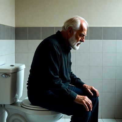Elderly man sitting on toilet