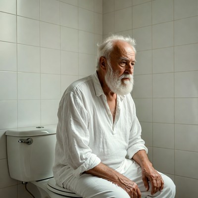 Elderly man sitting on toilet