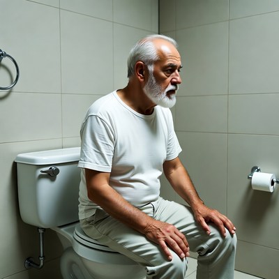 Elderly man sitting on toilet
