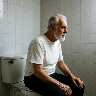 Elderly man sitting on toilet