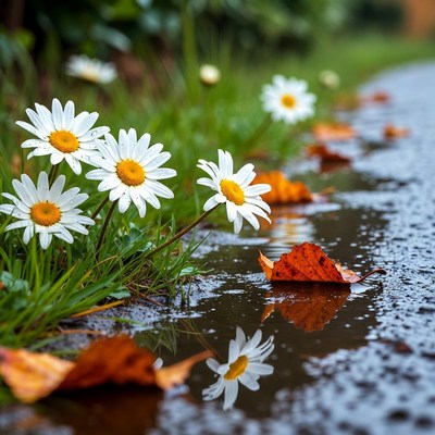 White Daisies and Autumn Leaves on Wet Road