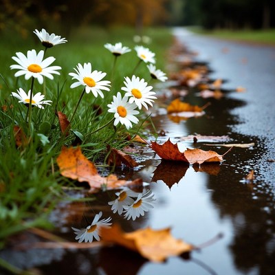 White Daisies Along Wet Autumn Road