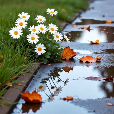 White Daisies and Autumn Leaves on Wet Pavement