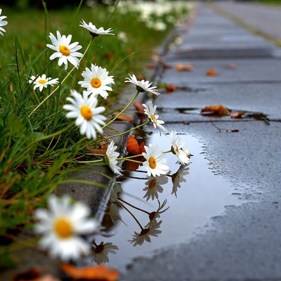White Daisies Reflecting in Puddle