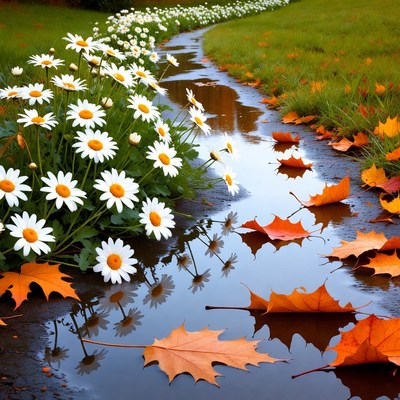 White Daisies Along Autumn Puddle Path