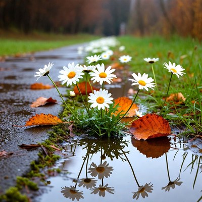 Daisies on Wet Autumn Path