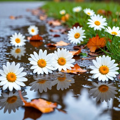 White Daisies on Wet Autumn Path