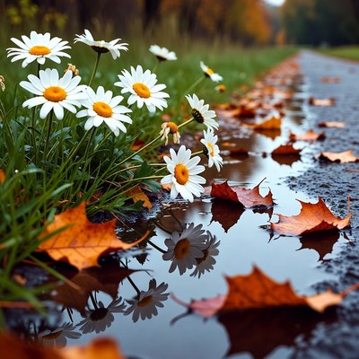 White Daisies by Autumn Road Puddle
