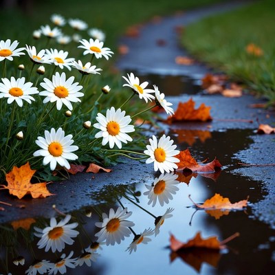 Daisies and Autumn Leaves on Wet Path