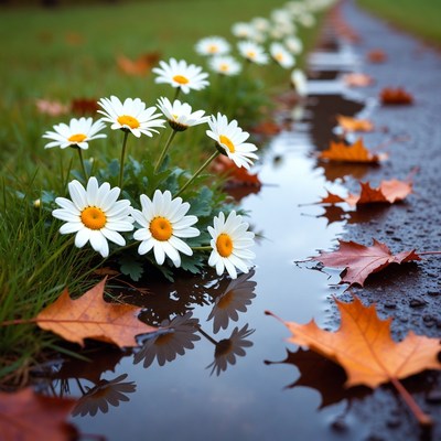 White Daisies Along Wet Autumn Path
