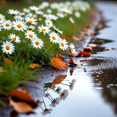 White Daisies and Autumn Leaves in Puddle Reflection
