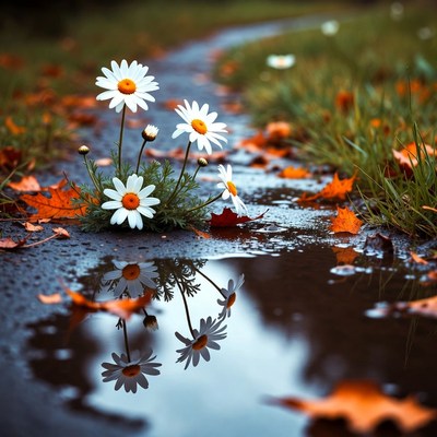 White Daisies Reflected in Autumn Puddle