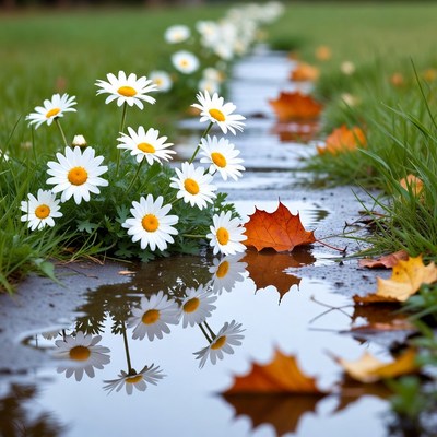 Daisies and Autumn Leaves in Puddle