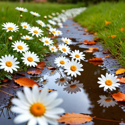 White Daisies Along Puddle Path