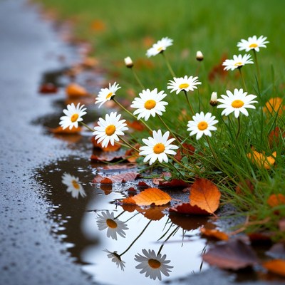 White Daisies Reflected in Puddle