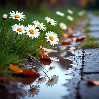 Daisies reflected in rainy pavement puddle