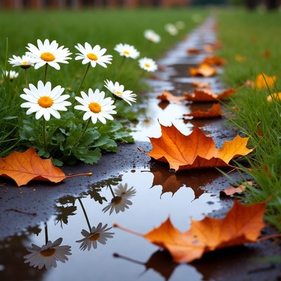 Daisies and Autumn Leaves in Puddle
