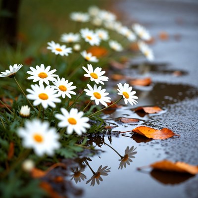 White Daisies by Wet Puddle
