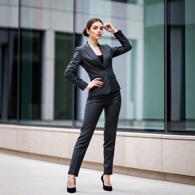 Woman in gray suit posing outside