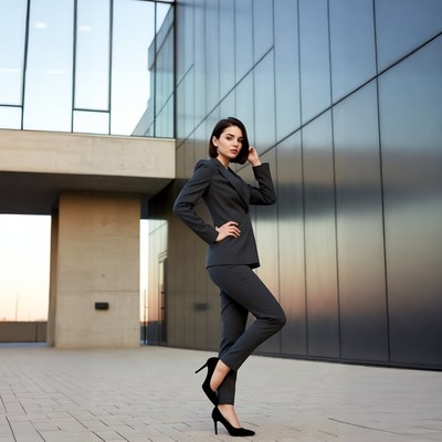 Woman in gray suit against glass building