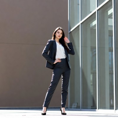 Asian woman in business suit outside