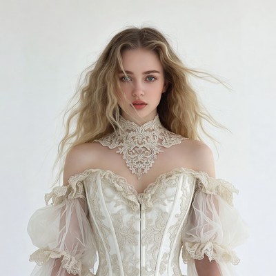 Woman in White Lace Corset Dress