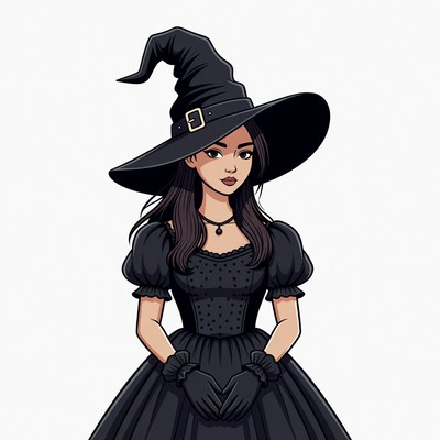 Cartoon Witch Woman in Black Dress