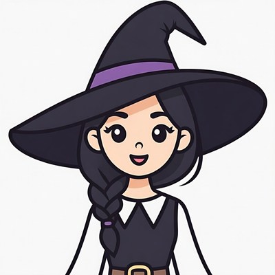 Cartoon Witch Girl with Black Hat