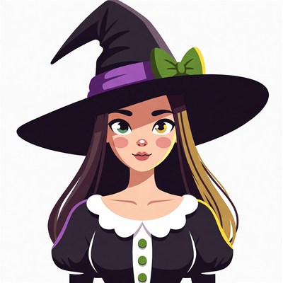 Cartoon Witch Girl with Green Bow Hat