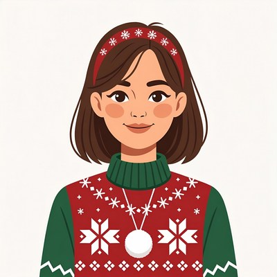 Woman in red green Christmas sweater