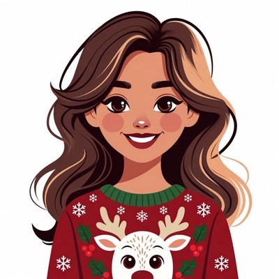 Smiling Woman in Reindeer Christmas Sweater