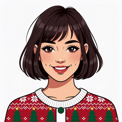 Smiling Asian woman in Christmas sweater