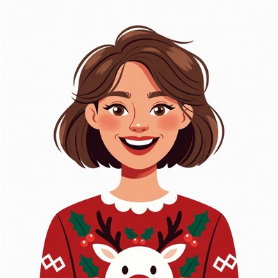 Smiling woman in Christmas reindeer sweater