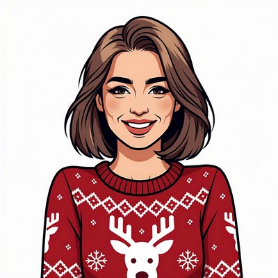 Smiling Woman in Reindeer Christmas Sweater