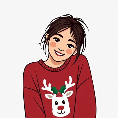 Asian woman in reindeer Christmas sweater