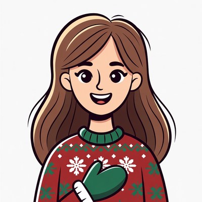 Smiling Woman in Christmas Sweater with Gloves