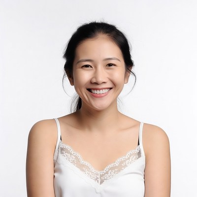 Smiling Asian woman in white lace camisole