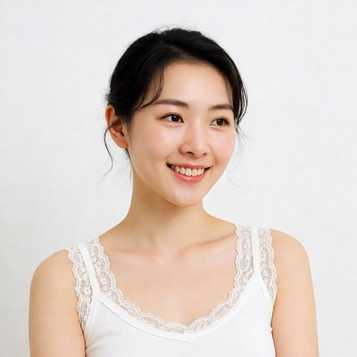 Asian woman smiling in lace camisole