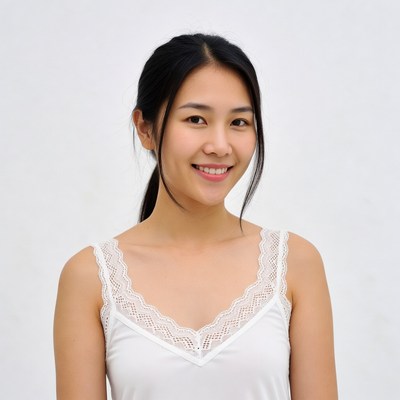 Asian woman smiling in lace camisole