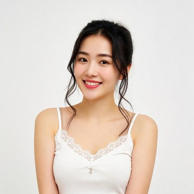 Asian woman in white lace camisole