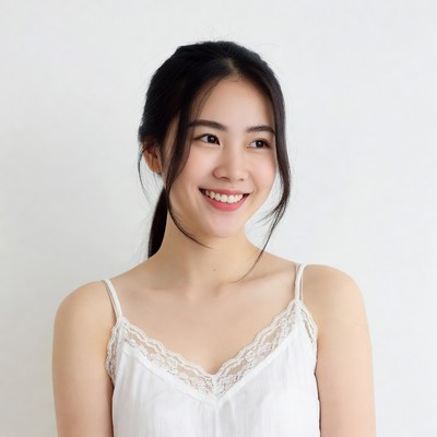Asian woman smiling in lace camisole
