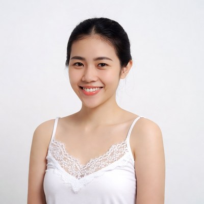 Asian woman in lace camisole smiling