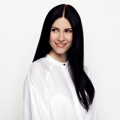 Smiling woman with long black hair