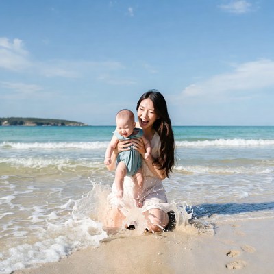 Asian mother holding smiling baby in ocean waves