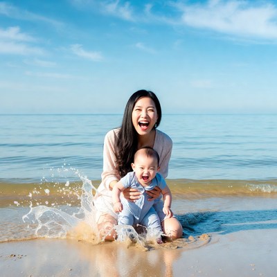 Asian mother and baby splashing in ocean