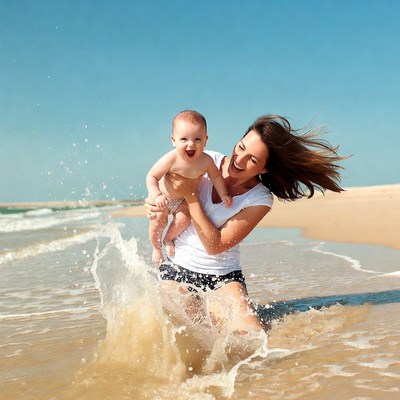 Mother holding baby splashing beach waves