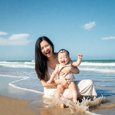 Asian mother and baby laughing at beach
